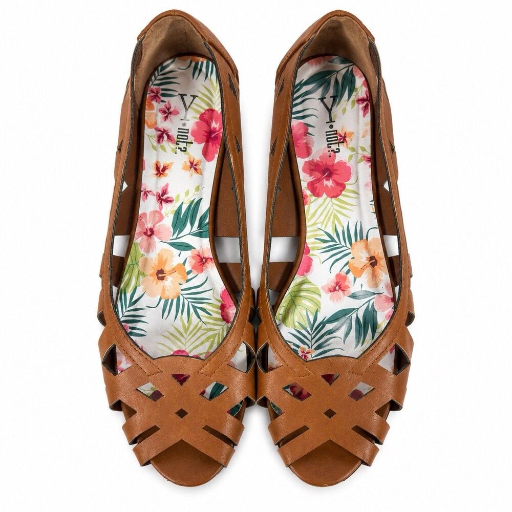 Y Not? Peep Toe Flats Womens Size 11 Brown Boho Resort Summer Casual Bohemian